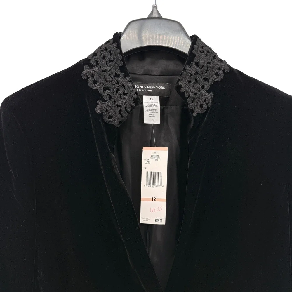 NEW Jones New York Tuxedo Park Blazer Womens 12 Jacket Black Velvet Lace Collar